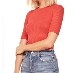 Reformation Janine Ribbed Short Sleeve Top in Red